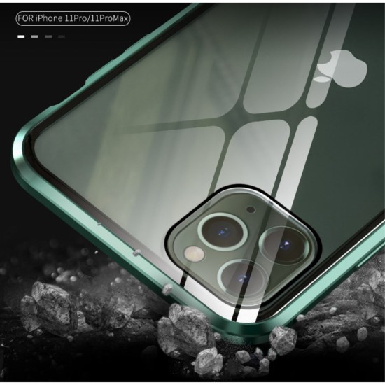 Magnetic Full Glass Back Case priekš Apple iPhone XR - Melns - alumīnija bampers ar priekšējo un aizmugurējo aizsargstiklu