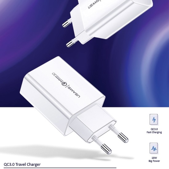 Usams T22 Wall Charger QC 3.0 USB 3A 5V / 9V / 12V 18W Tīkla Lādētājs Universāls - Balts