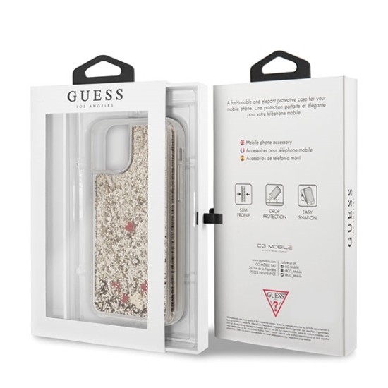 Guess Glitter Hearts Liquid series GUHCN58GLHREGO priekš Apple iPhone 11 Pro - Zelts - plastikāta apvalks (bampers, vāciņš, slim TPU case cover, bumper)