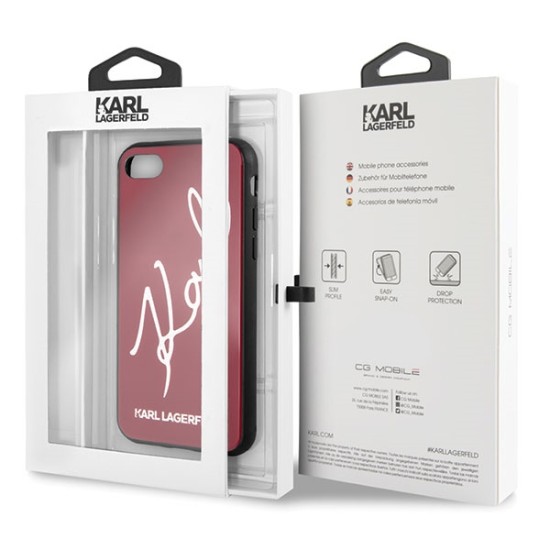 Karl Lagerfeld Glitter Karl Signature series Back Case KLHCI8DLKSRE priekš Apple iPhone 7 / 8 / SE2 (2020) / SE3 (2022) - Sarkans - silikona un stikla aizmugures apvalks / bampers-vāciņš