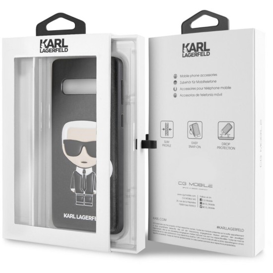 Karl Lagerfeld Iconic Karl Embossed series KLHCS10IKPUBK priekš Samsung Galaxy S10 G973 - Melns - ādas aizmugures apvalks (bampers, vāciņš, TPU back cover, bumper shell)