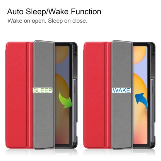 Tri-fold Stand PU Smart Auto Wake/Sleep Leather Case priekš Samsung Galaxy Tab S6 Lite P610 / P613 / P615 / P619 - Sarkans - sāniski atverams maciņš ar stendu