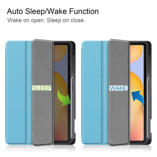 Tri-fold Stand PU Smart Auto Wake/Sleep Leather Case priekš Samsung Galaxy Tab S6 Lite P610 / P613 / P615 / P619 - Gaiši Zils - sāniski atverams maciņš ar stendu