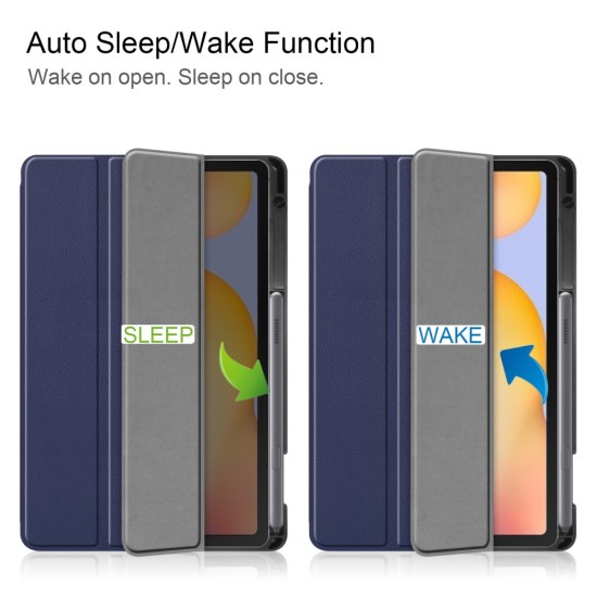 Tri-fold Stand PU Smart Auto Wake/Sleep Leather Case priekš Samsung Galaxy Tab S6 Lite P610 / P613 / P615 / P619 - Tumši Zils - sāniski atverams maciņš ar stendu