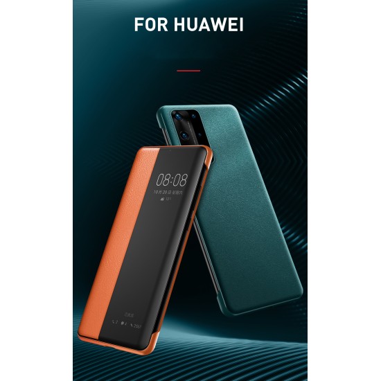 Smart View Window Touch Slide Wake / Sleep PU Leather Book Case priekš Huawei P40 - Tumši Zaļš - sāniski atverams mākslīgas ādas maciņš ar lodziņu