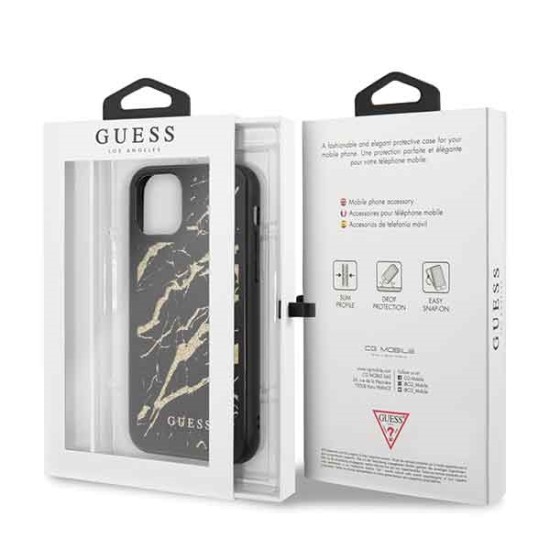 Guess Glitter Marble Glass series GUHCN58MGGBK priekš Apple iPhone 11 Pro - Melns - silikona un stikla aizmugures apvalks / bampers-vāciņš