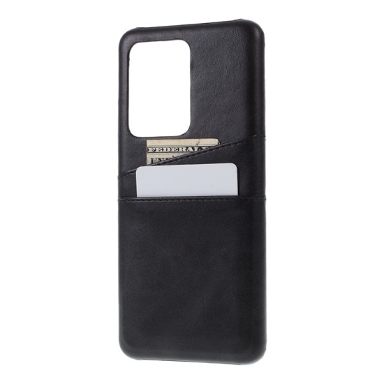 Double Card Slots PU Leather Coated PC Back Case priekš Samsung Galaxy S20 Ultra 5G G988 - Melns - mākslīgās ādas aizmugures maciņš ar divām kabatiņām priekš kartēm