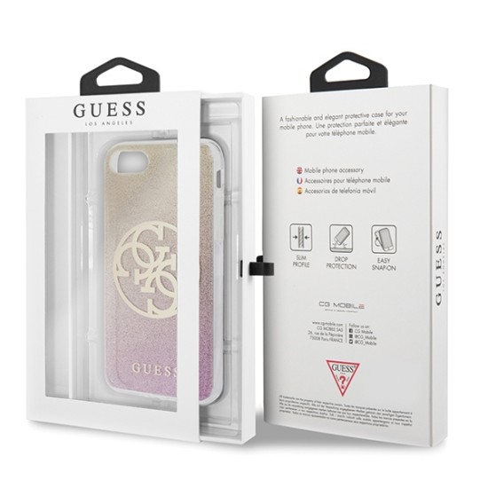 Guess 4G Circle Glitter series GUHCI8PCUGLPGG priekš Apple iPhone 7 / 8 / SE2 (2020) / SE3 (2022) - Zelts / Rozā - silikona-plastikāta aizmugures apvalks / bampers-vāciņš