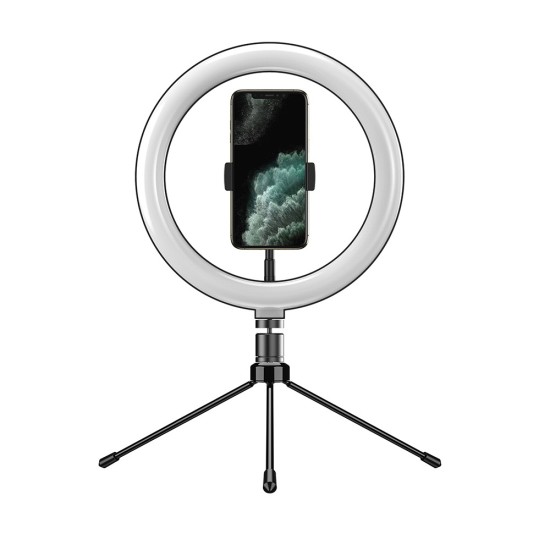 APEXEL APL-FL10JJ13Y 26cm LED Ring Light Photography Selfie Fill Light with Tripod Phone Holder - Melns - Riņķa lampa, dienas gaismas statīvs