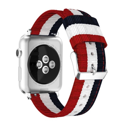 Metal Buckle Woven Nylon Smart Watch Strap priekš Apple Watch 38 / 40 / 41 mm - Zils / Balts / Sarkans - neilona siksniņas (jostas) pulksteņiem
