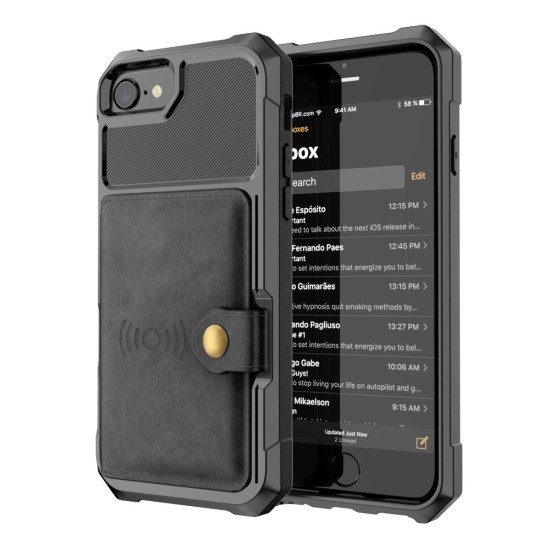 Leather Coated TPU Back Case with Card Holder Built-in Magnetic Sheet priekš Apple iPhone 7 / 8 / SE2 (2020) / SE3 (2022) - Melns - silikona aizmugures apvalks ar kabatiņu un iebūvētu magnētu / bampers-vāciņš
