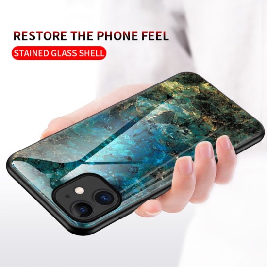 Marble Texture Glass Back Case priekš Apple iPhone 12 mini - Zaļš - stikla aizmugures apvalks / bampers-vāciņš