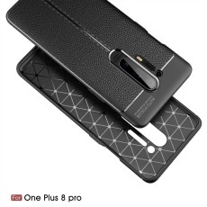 Litchi Skin PU Leather Coated TPU Mobile Phone Case priekš OnePlus 8 Pro - Melns - ādas imitācijas triecienizturīgs silikona aizmugures apvalks / bampers-vāciņš