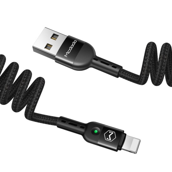 Mcdodo 1.8M Omega CA-6410 3A USB to Lightning cable - Melns - Apple iPhone / iPad spirālveida lādēšanas un datu kabelis / vads