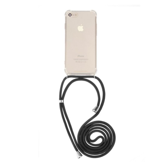 Forcell Cord Case priekš Apple iPhone 12 / 12 Pro - Melna siksniņa - caurspīdīgs triecienizturīgs silikona aizmugures apvalks ar siksniņu