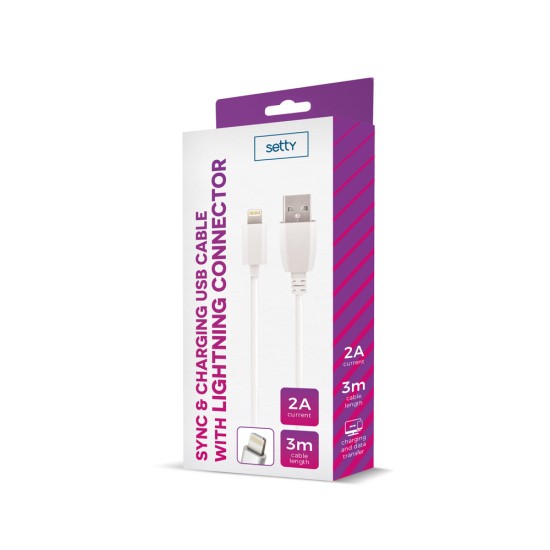 Setty 3M USB to Lightning 2A cable - Balts - Apple iPhone / iPad lādēšanas un datu kabelis / vads