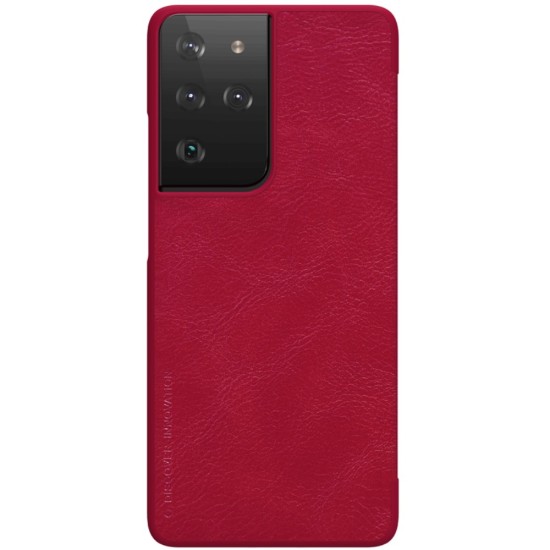 NILLKIN Qin Series Leather Flip Case priekš Samsung Galaxy S21 Ultra G998 - Sarkans - sāniski atverams maciņš (ādas maks, grāmatiņa, leather book wallet case cover)