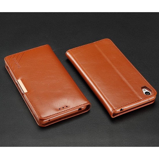 Kalaideng Royale II series priekš Sony Xperia Z3 Plus E6553 / Z4 - Brūns - dabīgās ādas maciņš sāniski atverams ar stendu (maks, grāmatiņa, genuine leather book wallet case cover stand)