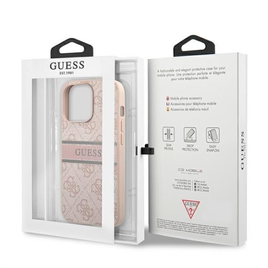 Guess 4G Stripe Collection Back Case GUHCP13L4GDPI priekš Apple iPhone 13 Pro - Rozā - mākslīgās ādas aizmugures apvalks / bampers-vāciņš