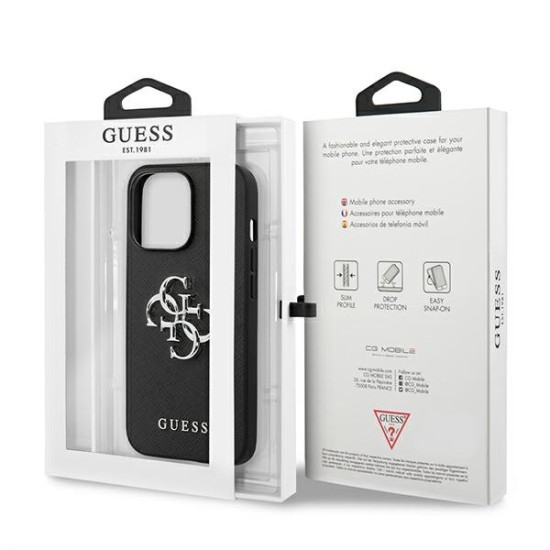 Guess 4G Saffiano Metal Logo Collection Back Case GUHCP13LSA4GSBK priekš Apple iPhone 13 Pro - Melns - mākslīgās ādas aizmugures apvalks / bampers-vāciņš