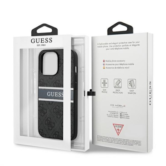 Guess 4G Stripe Collection Back Case GUHCP13X4GDGR priekš Apple iPhone 13 Pro Max - Pelēks - mākslīgās ādas aizmugures apvalks / bampers-vāciņš