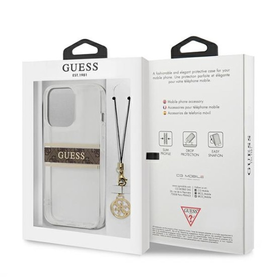Guess 4G Brown Strap Collection Charm Back Case GUHCP13XKB4GBR priekš Apple iPhone 13 Pro Max - Caurspīdīgs - silkona-plastikāta aizmugures apvalks / bampers-vāciņš
