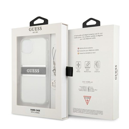 Guess 4G Grey Strap Charm Collection Back Case GUHCP13MKB4GGR priekš Apple iPhone 13 - Caurspīdīgs - silkona-plastikāta aizmugures apvalks / bampers-vāciņš