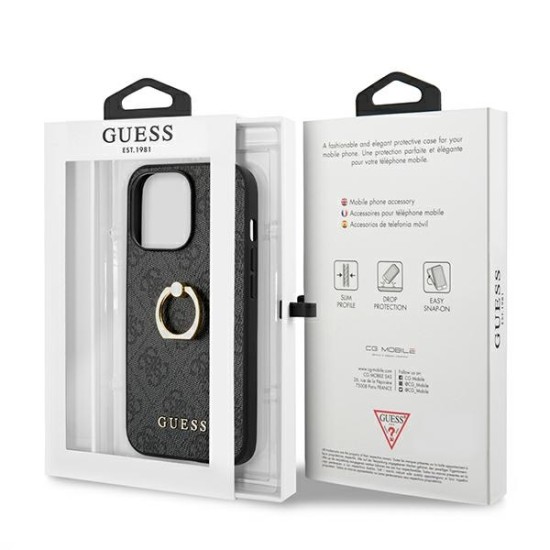 Guess 4G Ring Stand Collection Back Case GUHCP13X4GMRGR priekš Apple iPhone 13 Pro Max - Pelēks - mākslīgās ādas aizmugures apvalks ar gredzenu / bampers-vāciņš
