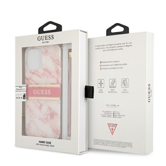 Guess Marble Strap Collection Back Case GUHCP13LKMABPI priekš Apple iPhone 13 Pro - Rozā - silkona-plastikāta aizmugures apvalks ar auklu / bampers-vāciņš