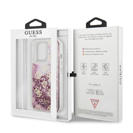 Guess Peony Liquid Glitter Collection Back Case GUHCP13LLGPEPI priekš Apple iPhone 13 Pro - Rozā - silkona-plastikāta aizmugures apvalks / bampers-vāciņš