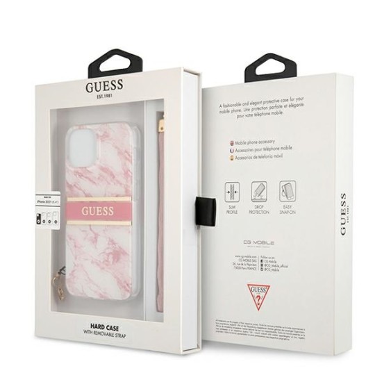 Guess Marble Strap Collection Back Case GUHCP13MKMABPI priekš Apple iPhone 13 - Rozā - silkona-plastikāta aizmugures apvalks ar auklu / bampers-vāciņš