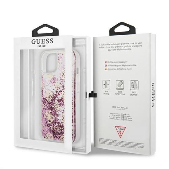 Guess Peony Liquid Glitter Collection Back Case GUHCP13MLGPEPI priekš Apple iPhone 13 - Rozā - silkona-plastikāta aizmugures apvalks / bampers-vāciņš