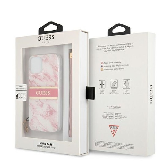 Guess Marble Strap Collection Back Case GUHCP13SKMABPI priekš Apple iPhone 13 mini - Rozā - silkona-plastikāta aizmugures apvalks ar auklu / bampers-vāciņš