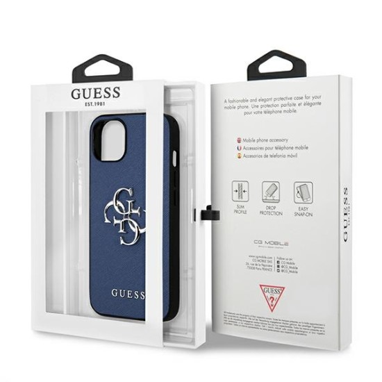 Guess 4G Saffiano Metal Logo Collection Back Case GUHCP13SSA4GSBL priekš Apple iPhone 13 mini - Zils - mākslīgās ādas aizmugures apvalks / bampers-vāciņš