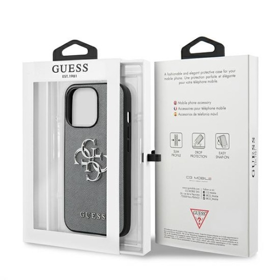 Guess 4G Saffiano Metal Logo Collection Back Case GUHCP13LSA4GSGR priekš Apple iPhone 13 Pro - Pelēks - mākslīgās ādas aizmugures apvalks / bampers-vāciņš