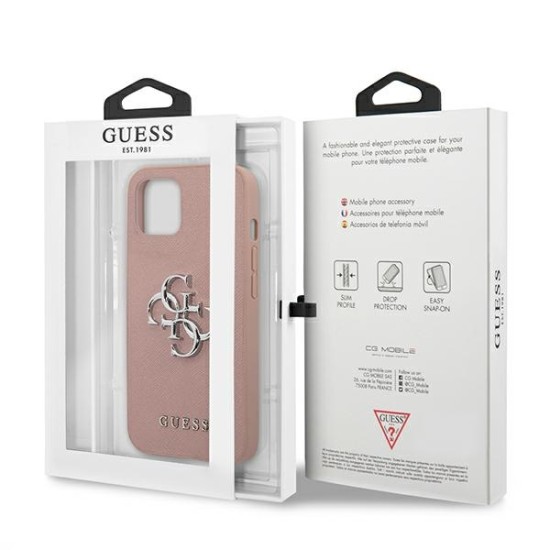 Guess 4G Saffiano Metal Logo Collection Back Case GUHCP13MSA4GSPI priekš Apple iPhone 13 - Rozā - mākslīgās ādas aizmugures apvalks / bampers-vāciņš