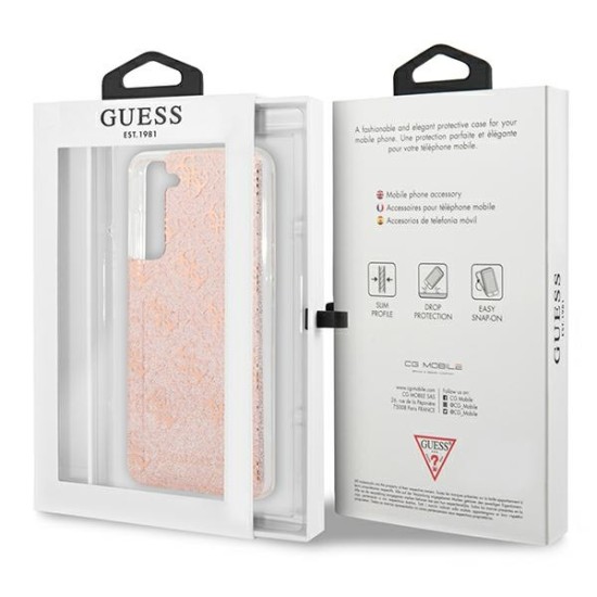 Guess 4G Glitter Collection Back Case GUHCS21FEPCU4GLPI priekš Samsung Galaxy S21 FE 5G G990 - Rozā Zelts - silikona-plastikāta aizmugures apvalks / bampers-vāciņš