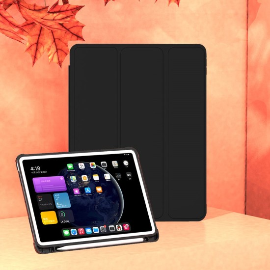 Tri-fold Stand PU Leather Smart Case with Pencil Holder priekš Apple iPad Pro 11 (2018) / Air 4 (2020) / Air 5 (2022) - Melns - sāniski atverams maciņš ar stendu