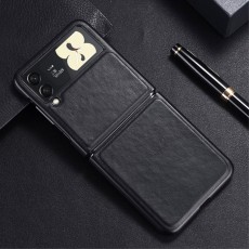 Anti Scratch PU Leather Coated PC Phone Cover priekš Samsung Galaxy Flip3 5G - Melns - mākslīgās ādas aizmugures apvalks / vāciņš
