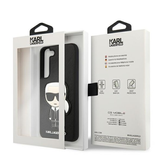 Karl Lagerfeld Ikonik Saffiano Karl`s Patch series Back Case KLHCS22MOKPK priekš Samsung Galaxy S22 Plus 5G S906 - Melns - mākslīgās ādas aizmugures apvalks / bampers-vāciņš
