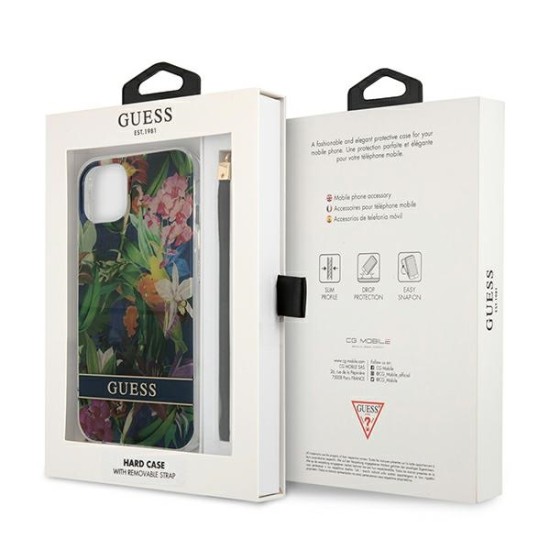 Guess Flower Strap Collection Back Case GUHCP13MHFLSB priekš Apple iPhone 13 - Zils / Puķains - silkona-plastikāta aizmugures apvalks ar auklu / bampers-vāciņš