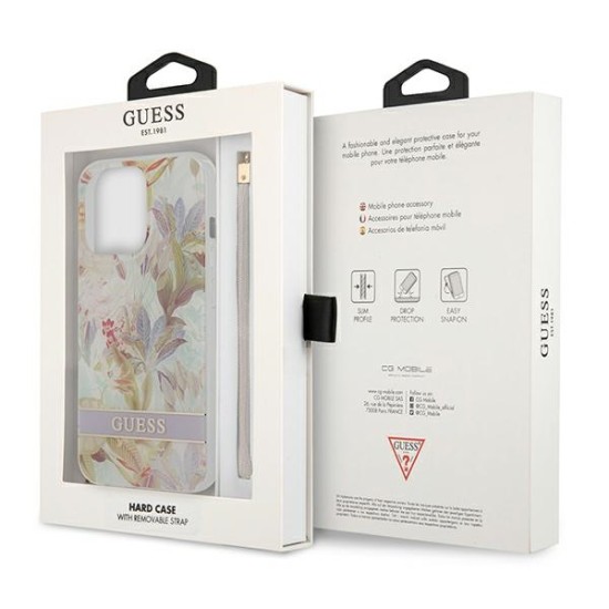 Guess Flower Strap Collection Back Case GUHCP13LHFLSU priekš Apple iPhone 13 Pro - Violets / Puķains - silkona-plastikāta aizmugures apvalks ar auklu / bampers-vāciņš