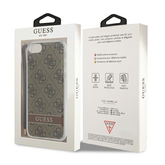 Guess 4G Print Strap Collection Back Case GUOHCI8H4STW priekš Apple iPhone 7 / 8 / SE2 (2020) / SE3 (2022) - Brūns - silkona-plastikāta aizmugures apvalks ar auklu / bampers-vāciņš