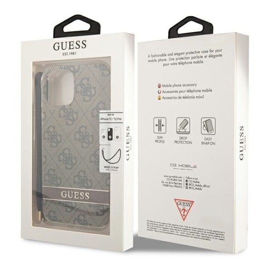 Guess 4G Print Strap Collection Back Case GUOHCP12MH4STW priekš Apple iPhone 12 / 12 Pro - Brūns - silkona-plastikāta aizmugures apvalks ar auklu / bampers-vāciņš