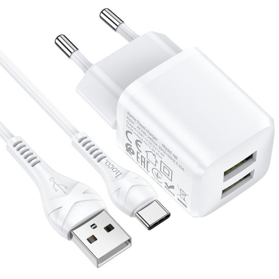 Hoco N8 2xUSB 2.4A / 12W Travel Charger with USB to Type-C Cable - Balts - USB tīkla lādētājs ar USB uz USB-C vadu