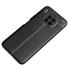 Litchi Skin PU Leather Coated TPU Mobile Phone Case priekš Huawei Nova 8i - Melns - ādas imitācijas triecienizturīgs silikona aizmugures apvalks (maciņš, bampers, vāciņš, slim cover, bumper, back case)