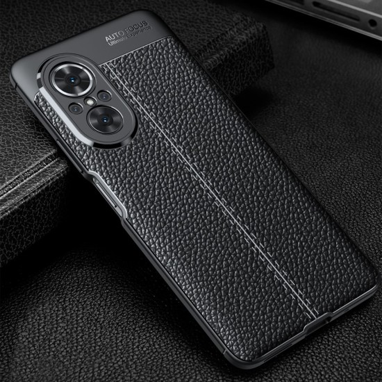 Litchi Skin PU Leather Coated TPU Mobile Phone Case priekš Huawei Nova 9 SE - Melns - ādas imitācijas triecienizturīgs silikona aizmugures apvalks (maciņš, bampers, vāciņš, slim cover, bumper, back case)