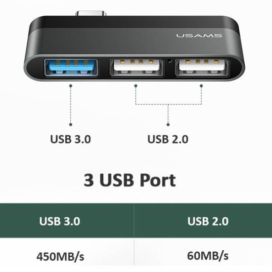 Usams Mini Hub USB Type-C to 3xUSB 3.0 Conventer Adapter - Pelēks - USB adapteris telefoniem vai planšetdatoriem ar Type-C ieeju / konektoru