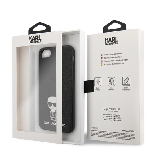 Karl Lagerfeld Saffiano Ikonik Metal series Back Case KLHCI8IKFBMBK priekš Apple iPhone 7 / 8 / SE2 (2020) / SE3 (2022) - Melns - mākslīgās ādas aizmugures apvalks / bampers-vāciņš