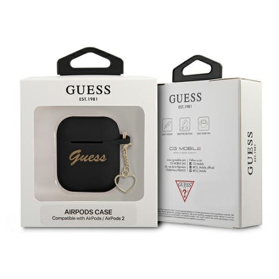 Guess GUA2LSCHSK Silicone Charm Heart Collection Case priekš Apple Airpods - Melns - silikona apvalks bezvadu austiņu lādēšanas ierīcei
